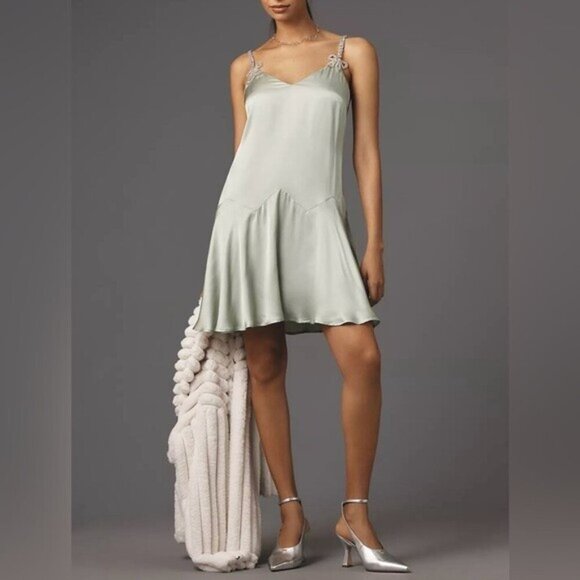 ❤️HP❤️ NWT Size L - Anthropologie 20's Vibe Silky Mini Dress in Mint - Picture 8 of 16